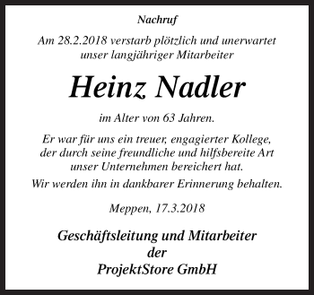 Traueranzeige von Heinz Nadler von Neue Osnabrücker Zeitung GmbH & Co. KG
