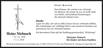 Traueranzeige von Heinz Niebusch von Neue Osnabrücker Zeitung GmbH & Co. KG
