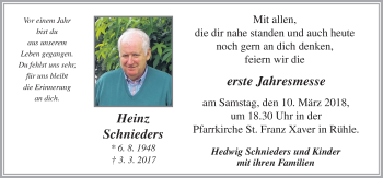 Traueranzeige von Heinz Schnieders von Neue Osnabrücker Zeitung GmbH & Co. KG