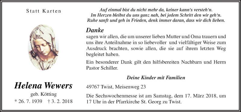  Traueranzeige für Helena Wewers vom 14.03.2018 aus Neue Osnabrücker Zeitung GmbH & Co. KG