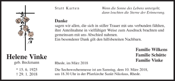 Traueranzeige von Helene Vinke von Neue Osnabrücker Zeitung GmbH & Co. KG