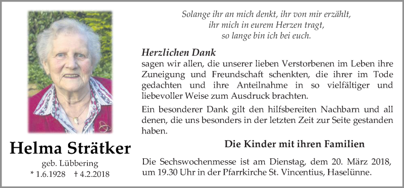  Traueranzeige für Helma Strätker vom 17.03.2018 aus Neue Osnabrücker Zeitung GmbH & Co. KG
