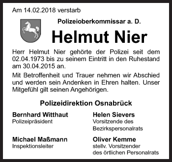 Traueranzeige von Helmut Nier von Neue Osnabrücker Zeitung GmbH & Co. KG
