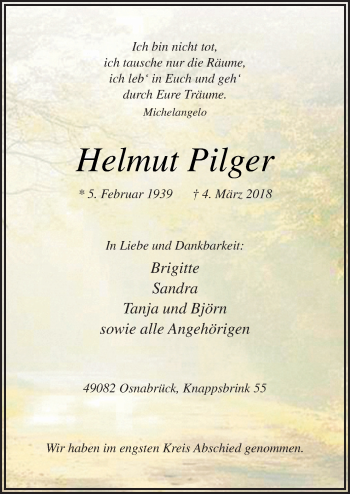 Traueranzeige von Helmut Pilger von Neue Osnabrücker Zeitung GmbH & Co. KG