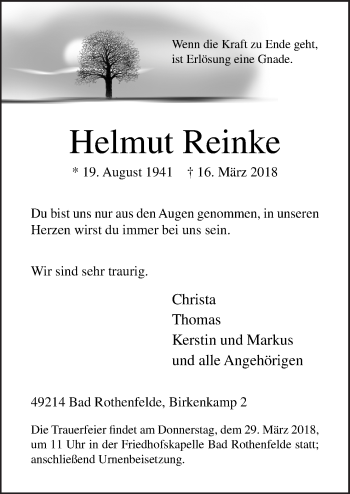 Traueranzeige von Helmut Reinke von Neue Osnabrücker Zeitung GmbH & Co. KG