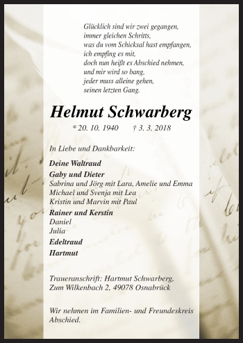 Traueranzeige von Helmut Schwarberg von Neue Osnabrücker Zeitung GmbH & Co. KG