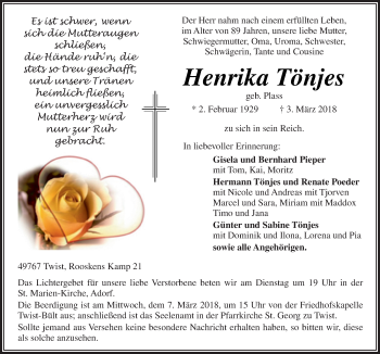Traueranzeige von Henrika Tönjes von Neue Osnabrücker Zeitung GmbH & Co. KG