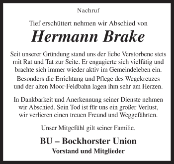 Traueranzeige von Hermann Brake von Neue Osnabrücker Zeitung GmbH & Co. KG