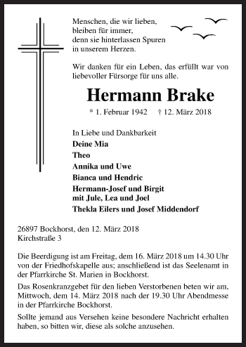 Traueranzeige von Hermann Brake von Neue Osnabrücker Zeitung GmbH & Co. KG