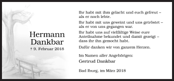 Traueranzeige von Hermann Dankbar von Neue Osnabrücker Zeitung GmbH & Co. KG
