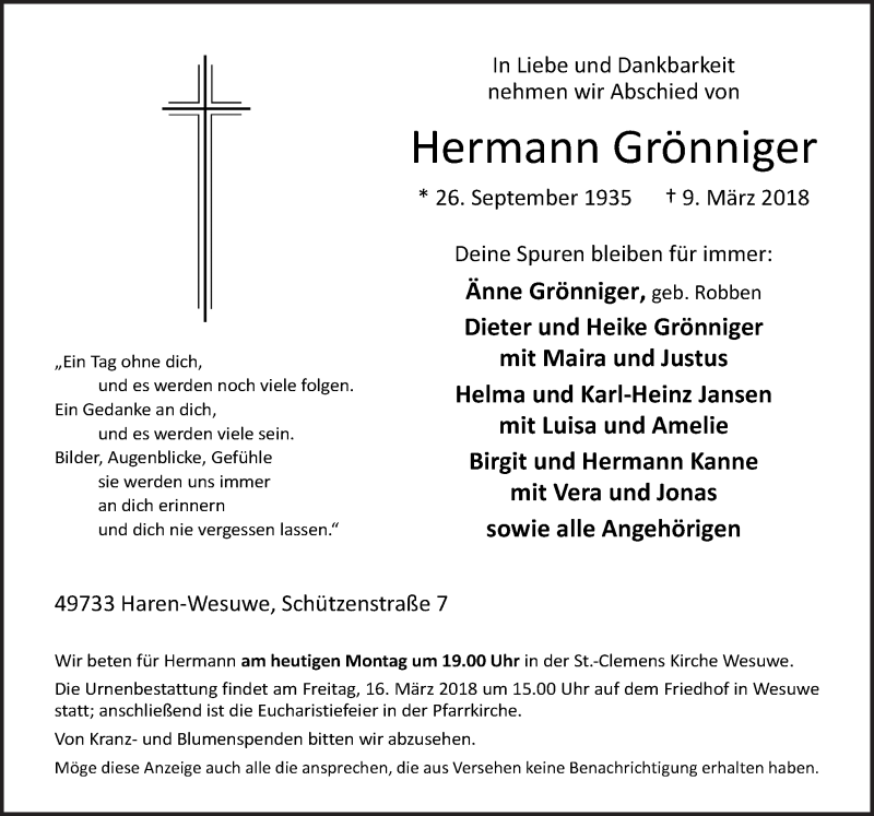  Traueranzeige für Hermann Grönniger vom 12.03.2018 aus Neue Osnabrücker Zeitung GmbH & Co. KG