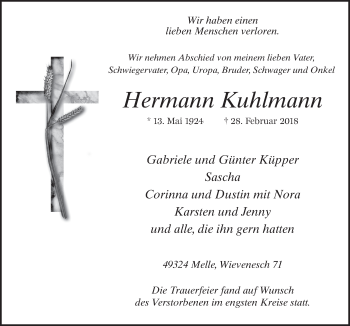 Traueranzeige von Hermann Kuhlmann von Neue Osnabrücker Zeitung GmbH & Co. KG