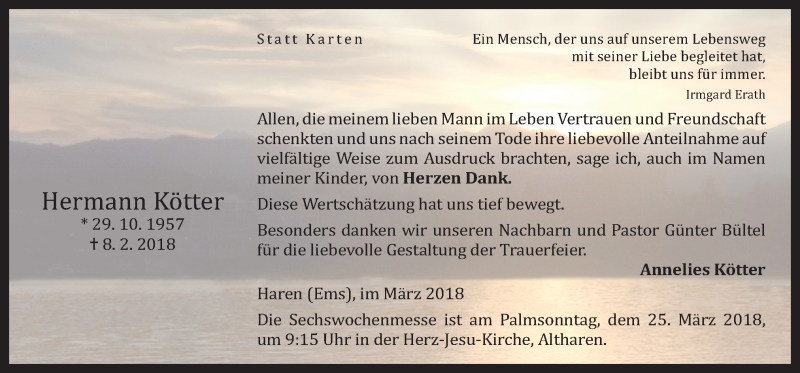  Traueranzeige für Hermann Kötter vom 21.03.2018 aus Neue Osnabrücker Zeitung GmbH & Co. KG