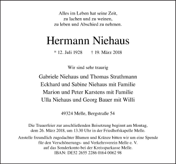 Traueranzeige von Hermann Niehaus von Neue Osnabrücker Zeitung GmbH & Co. KG