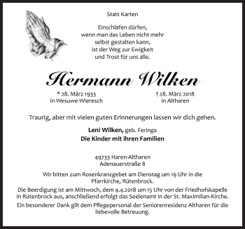 Traueranzeige von Hermann Wilken von Neue Osnabrücker Zeitung GmbH & Co. KG