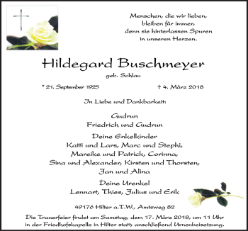 Traueranzeige von Hildegard Buschmeyer von Neue Osnabrücker Zeitung GmbH & Co. KG