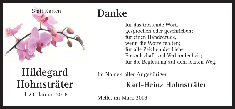  Traueranzeige für Hildegard Hohnsträter vom 03.03.2018 aus Neue Osnabrücker Zeitung GmbH & Co. KG