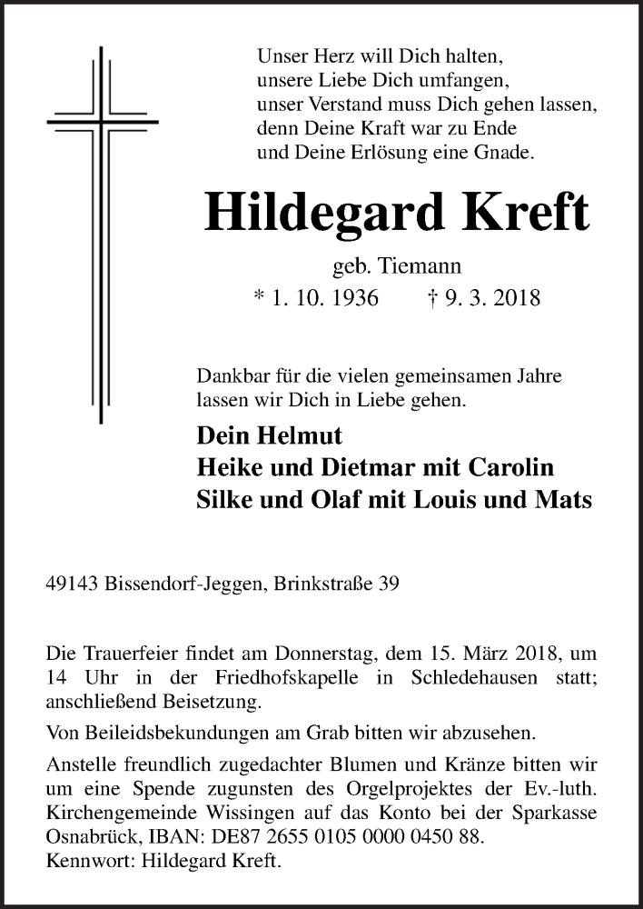  Traueranzeige für Hildegard Kreft vom 12.03.2018 aus Neue Osnabrücker Zeitung GmbH & Co. KG