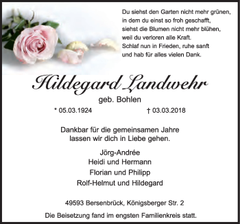 Traueranzeige von Hildegard Landwehr von Neue Osnabrücker Zeitung GmbH & Co. KG