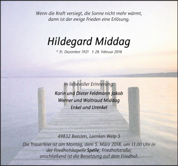 Traueranzeige von Hildegard Middag von Neue Osnabrücker Zeitung GmbH & Co. KG