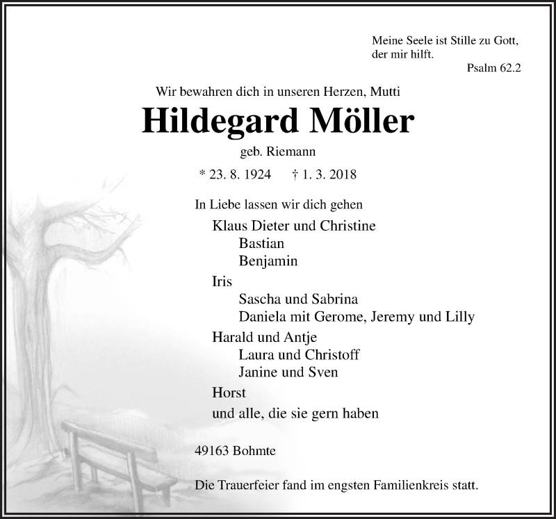  Traueranzeige für Hildegard Möller vom 10.03.2018 aus Neue Osnabrücker Zeitung GmbH & Co. KG