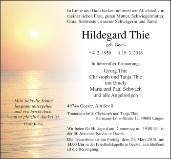 Traueranzeige von Hildegard Thie von Neue Osnabrücker Zeitung GmbH & Co. KG