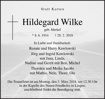 Traueranzeige von Hildegard Wilke von Neue Osnabrücker Zeitung GmbH & Co. KG