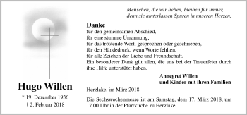 Traueranzeige von Hugo Willen von Neue Osnabrücker Zeitung GmbH & Co. KG