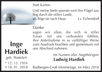 Traueranzeige von Inge Hardiek von Neue Osnabrücker Zeitung GmbH & Co. KG