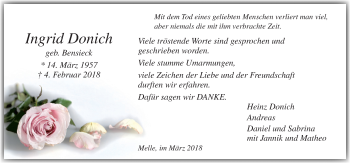 Traueranzeige von Ingrid Donich von Neue Osnabrücker Zeitung GmbH & Co. KG
