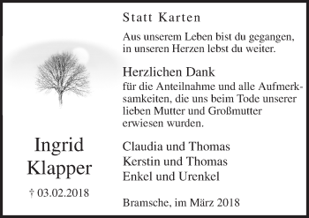 Traueranzeige von Ingrid Klapper von Neue Osnabrücker Zeitung GmbH & Co. KG
