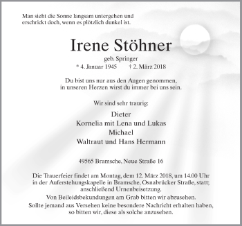 Traueranzeige von Irene Stöhner von Neue Osnabrücker Zeitung GmbH & Co. KG