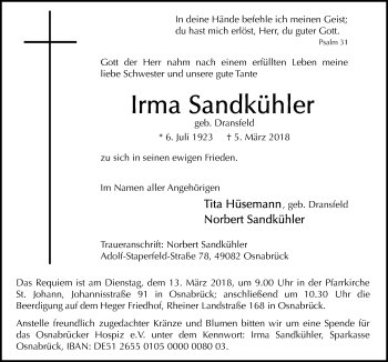 Traueranzeige von Irma Sandkühler von Neue Osnabrücker Zeitung GmbH & Co. KG