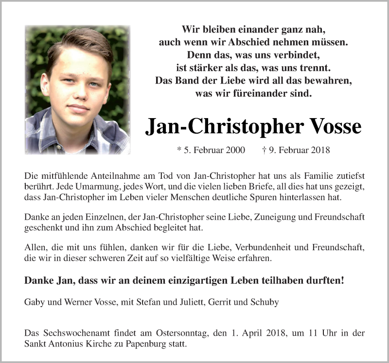  Traueranzeige für Jan-Christopher Vosse vom 27.03.2018 aus Neue Osnabrücker Zeitung GmbH & Co. KG