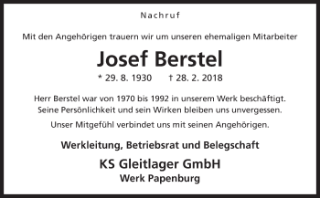 Traueranzeige von Josef Berstel von Neue Osnabrücker Zeitung GmbH & Co. KG