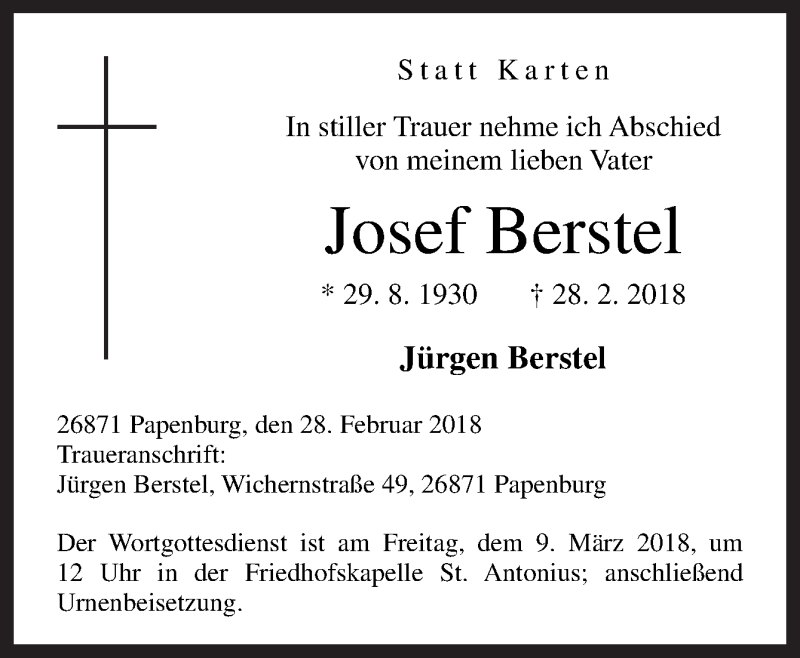  Traueranzeige für Josef Berstel vom 03.03.2018 aus Neue Osnabrücker Zeitung GmbH & Co. KG