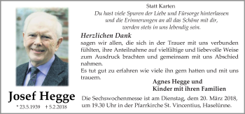 Traueranzeige von Josef Hegge von Neue Osnabrücker Zeitung GmbH & Co. KG