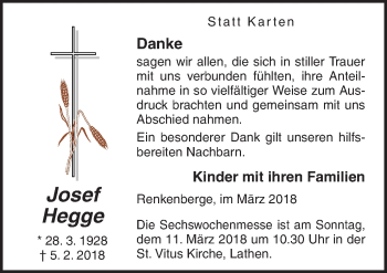 Traueranzeige von Josef Hegge von Neue Osnabrücker Zeitung GmbH & Co. KG