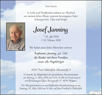 Traueranzeige von Josef Janning von Neue Osnabrücker Zeitung GmbH & Co. KG