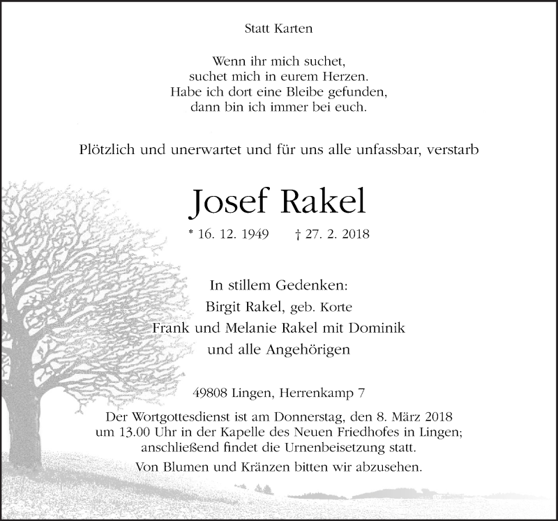  Traueranzeige für Josef Rakel vom 03.03.2018 aus Neue Osnabrücker Zeitung GmbH & Co. KG