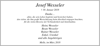 Traueranzeige von Josef Wesseler von Neue Osnabrücker Zeitung GmbH & Co. KG