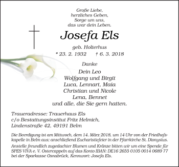 Traueranzeige von Josefa Els von Neue Osnabrücker Zeitung GmbH & Co. KG