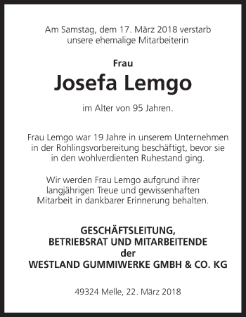 Traueranzeige von Josefa Lemgo von Neue Osnabrücker Zeitung GmbH & Co. KG