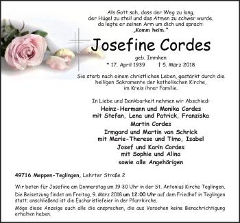 Traueranzeige von Josefine Cordes von Neue Osnabrücker Zeitung GmbH & Co. KG