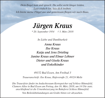 Traueranzeige von Jürgen Kraus von Neue Osnabrücker Zeitung GmbH & Co. KG