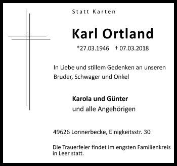 Traueranzeige von Karl Ortland von Neue Osnabrücker Zeitung GmbH & Co. KG