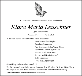 Traueranzeige von Klara Maria Leuschner von Neue Osnabrücker Zeitung GmbH & Co. KG