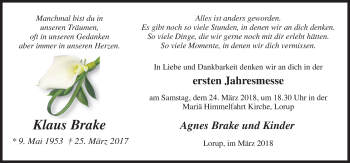 Traueranzeige von Klaus Brake von Neue Osnabrücker Zeitung GmbH & Co. KG