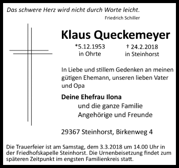 Traueranzeige von Klaus Queckemeyer von Neue Osnabrücker Zeitung GmbH & Co. KG