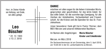 Traueranzeige von Leo Büscher von Neue Osnabrücker Zeitung GmbH & Co. KG